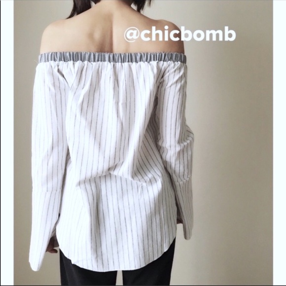 MANGO MNG POPLIN Off Shoulder Top- Gray White - Picture 3 of 5